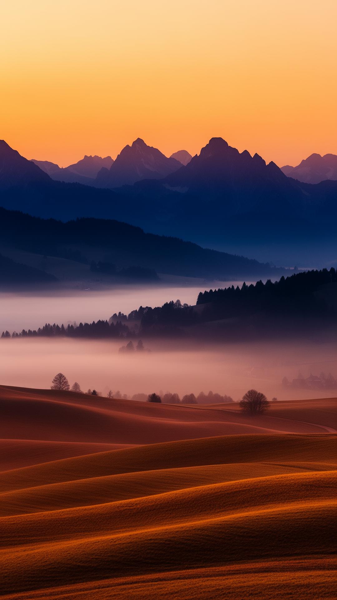Paysage suisse abstrait, collines au lever du jour
